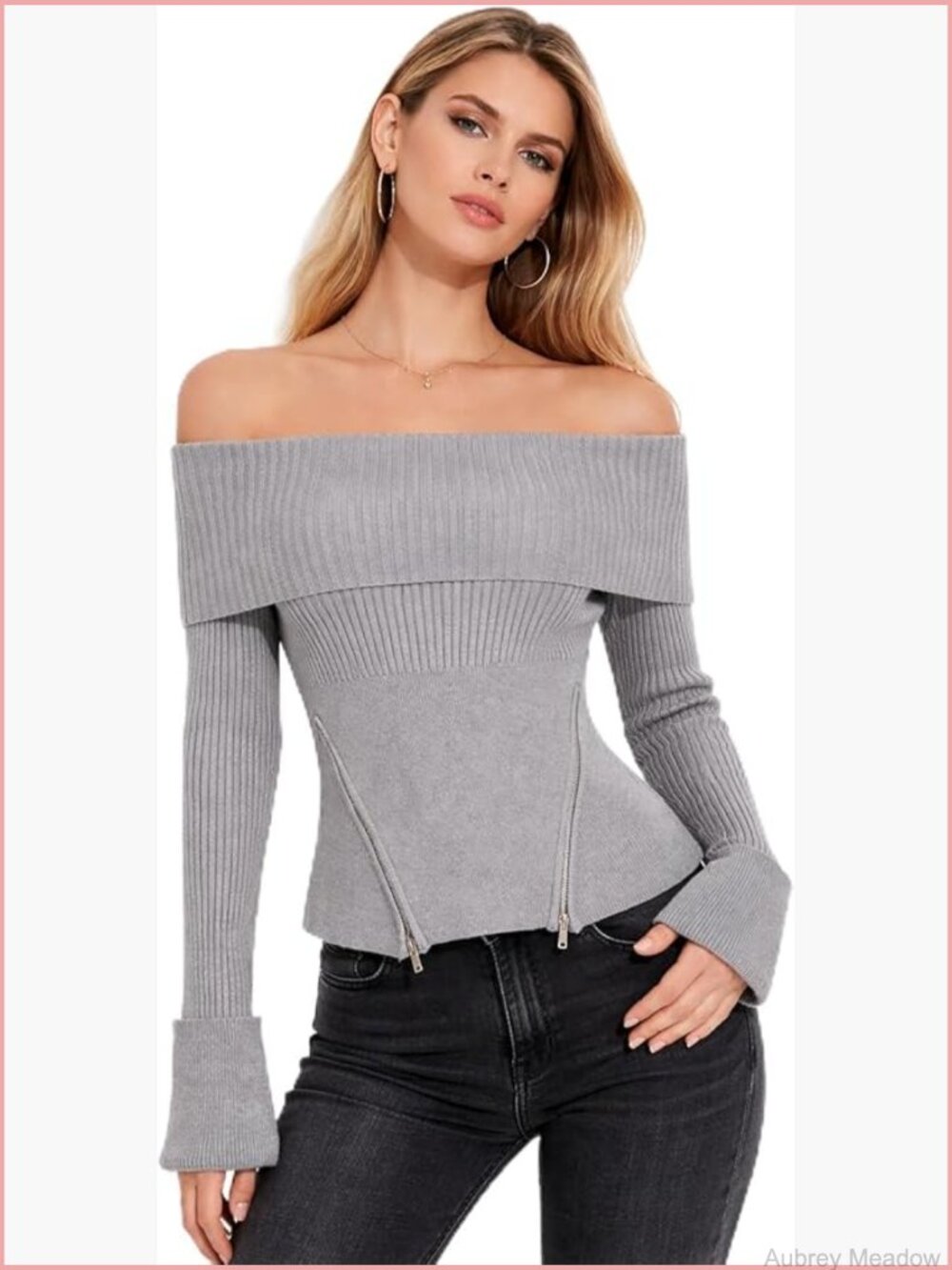 Off-Shoulder Zip Knit Top, Long Sleeve Ribbed Sweater With Front Zipper